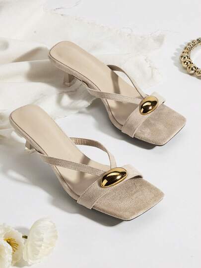 女士新款时尚优雅金属装饰露趾高跟方头人字拖凉鞋休闲穆勒拖鞋户外凉鞋