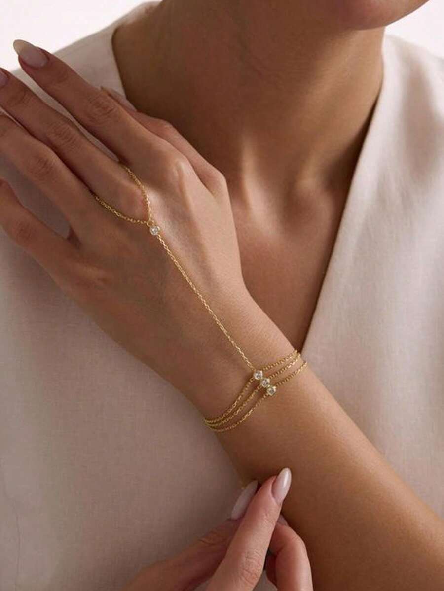 1 件女士多层水晶莱茵石网状指节手链 - 金色 - 查看 1