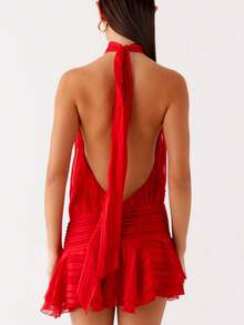 Women Halter Neck Tie Up Mini Dress Y2K Pleated Sleeveless Open Back A-Line Dress Elegant Layered Ruffle Short Dress For Vacation Party Cocktail Party - 紅色 - 查看 4