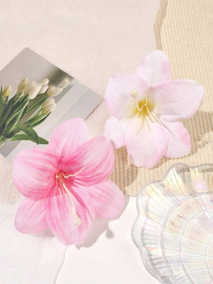 2件組波希米亞風玫瑰粉人造百合花優雅甜美海灘度假髮夾,側瀏海裝飾髮飾,夏季配件,抓夾,髮夾,髮梳,髮爪,情人節配件,頭飾 - 2PCS粉 - 查看 1