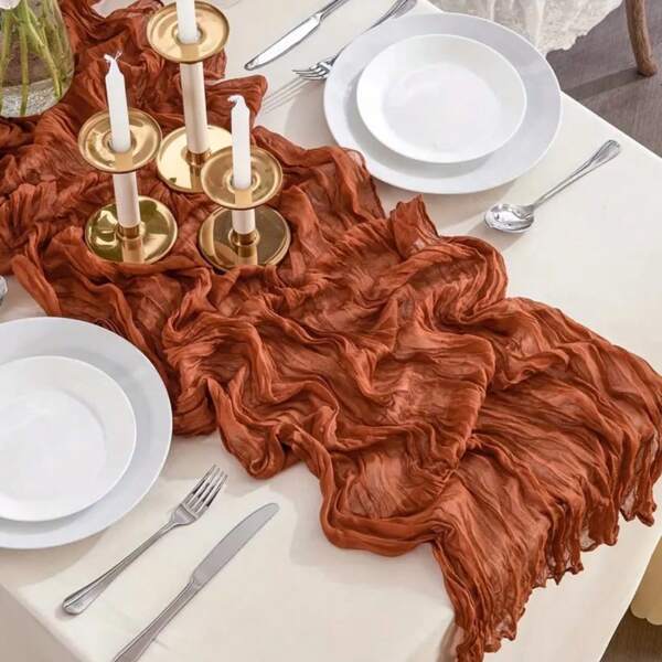 1pc Rust Red Cheesecloth Tablecloth, Bohemian Sheer Table Linen, Thin Transparent Table Runner, Suitable For Baby Shower, Wedding, Bride, Birthday Party, Table Decor