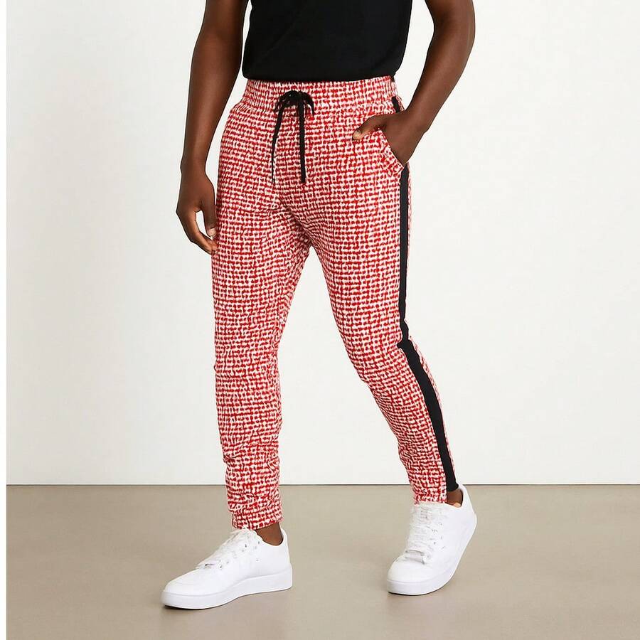 Men's Drawstring Waist All Over Print Track Pants Skinny Fit Casual Jogger Sweatpants Side Stripe Elastic Waist And Ankle Lightweight Gym And Fitness - 紅色 - 查看 1