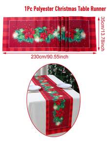 1件圣诞桌旗，红色格子一品红星形图案，涤纶面料，适用于圣诞餐桌装饰、圣诞派对装饰、房间装饰、餐桌装饰、家居装饰、厨房装饰、圣诞装饰和圣诞饰品。 - 格子邊大紅花星星 - 查看 6