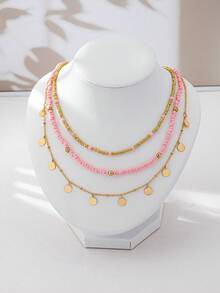 3pcs Metal Pearl Bead & Disc Pendant Necklace Set (Disc Qty Random) - Pink - View 2