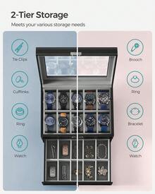 20-Slot Watch Box, Watch Case With Glass Lid, 2 Layers, Lockable Watch Display Case, Black Synthetic Leather - 黑色+灰色 - 查看 4