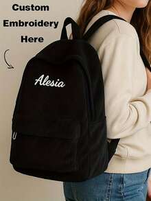 1 件定制姓名印花灯芯绒背包 - 大号轻便耐用涤纶背包，拉链开合，时尚纯黑色，适合户外、旅行、工作和日常使用
