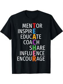 Men's Teacher Appreciation T-Shirt - Mentor, Inspire, Educate, Share, Influence, Encourage - 100% Cotton Casual Crew Neck Tee For Daily Wear, School, Or Work - Black With Colorful Letter Print, Teacher Gift-Holiday Gift