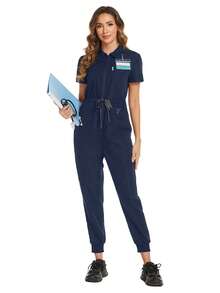 Zip Up Short Sleeve Tie Up Casual Nursing Jumpsuit