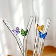 1 根/5 根耐热玻璃吸管，带彩色蝴蝶装饰，适用于冰沙、牛奶、茶、果汁、小吃店、派对饮料、鸡尾酒、奶昔冰沙、餐厅、露营/旅行/夏季/度假/厨房、学校用品、返校、母亲节礼物。 - 彩色 - 查看 2