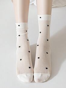 6 Pairs Of Women's Socks, Ribbed Edge Polka Dot Women's Crew Socks, Daily Time Casual Sports And Out Wear