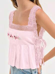 Women's Summer Tie Side Tank Tops Loose Fit Stylish Flower Embroidered Lace Trim Square Neck Sleeveless Vest Casual Daily - 粉色 - 查看 2