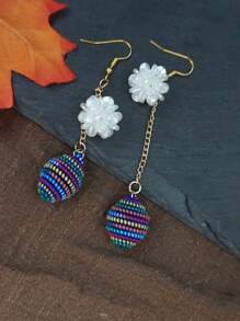 Handmade Long Tassel Rainbow Ball Floral Drop Earrings, Boho Vacation Style Vintage Elements, Suitable For Daily Life, Work, Stage, Street Photography, Women