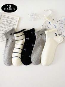 5/10 par krótkich skarpetek z kokardką, z niskim wycięciem, urocze skarpetki w groszki na lato i jesień, miękkie, wygodne, oddychające, modne, codzienne krótkie skarpetki