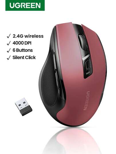 UGREEN UGREEN Wireless Mouse Ergonomic 6 Silent Mute Buttons, 2.4G Wireless With USB Mini Receiver, 5 Level DPI Setting 4000DPI For PC/Linux Laptop(Battery Not Included)
