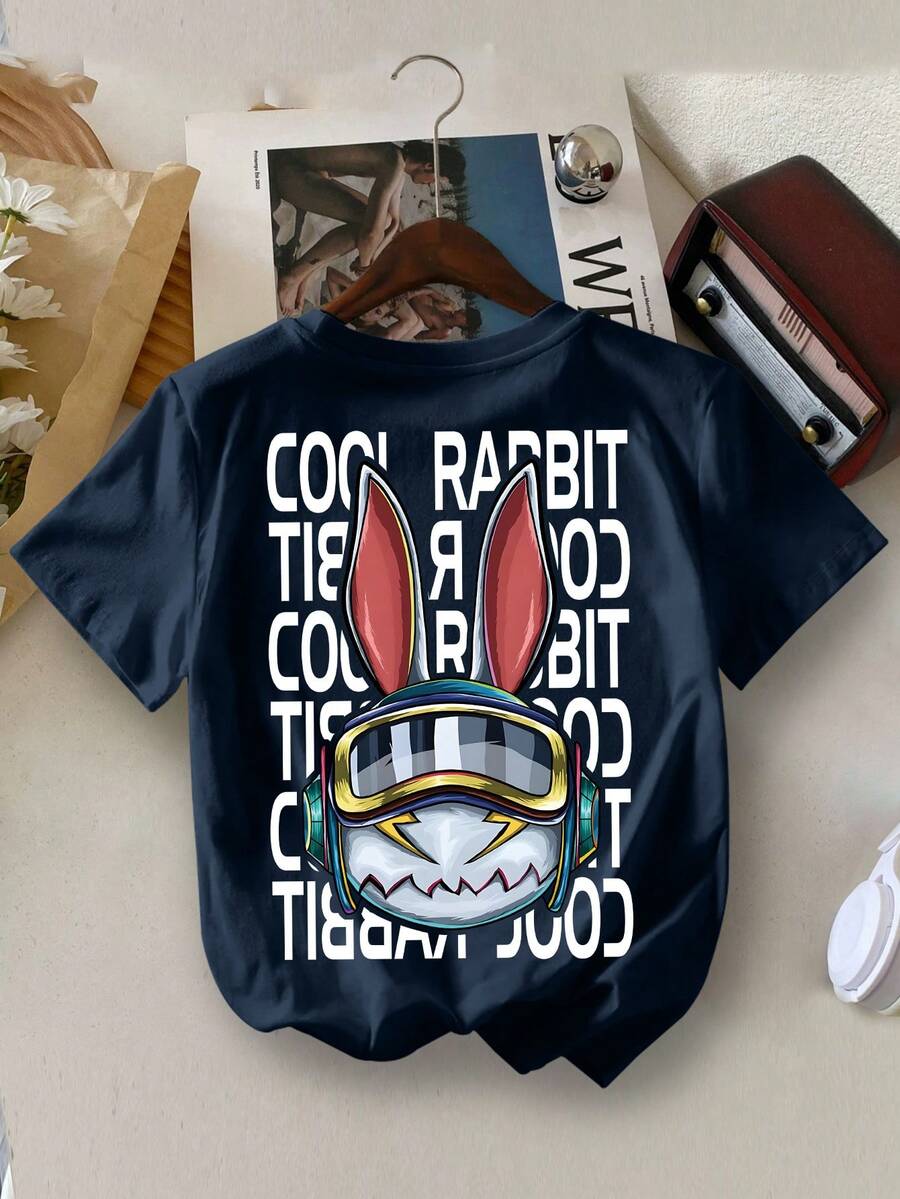 Young Boy Casual YongBoy Bunny Letter Print Short Sleeve T-Shirt, Summer - Navy Blue - View 1