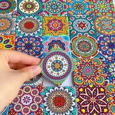 6/12pcs Assorted Mandala Design Modern Style Glass Mosaic Tiles, Colorful Printed 4.8*4.8cm Glass Piece, For Countertop, Stairs, Table, Wall, Garden, Pool Decor, Crafting