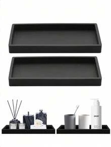 2pcs Modern 7.9-Inch Black Bathroom Silicone Tray, Flexible Rectangular Soap Dish For Bathroom & Kitchen Countertop, Stylish Vanity Tray Organizer - Modern Black - Black - View 1