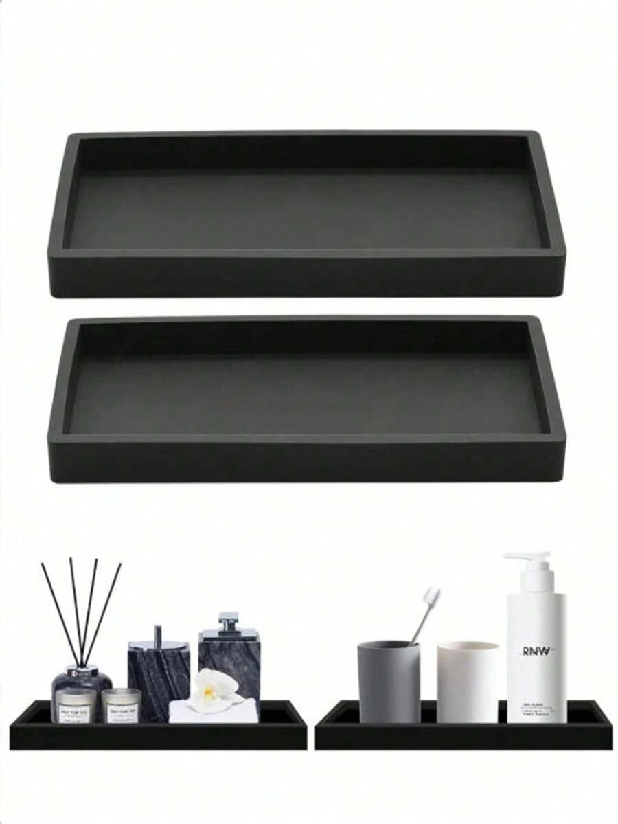 2pcs Modern 7.9-Inch Black Bathroom Silicone Tray, Flexible Rectangular Soap Dish For Bathroom & Kitchen Countertop, Stylish Vanity Tray Organizer - Modern Black - Black - View 1