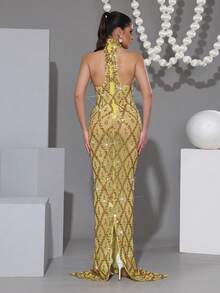 新款奢华女士亮片钻石拼接透视网纱长款连衣裙，高领无袖修身露背拖尾伴娘礼服，适合婚礼、派对、宴会等场合 - 黃色 - 查看 7