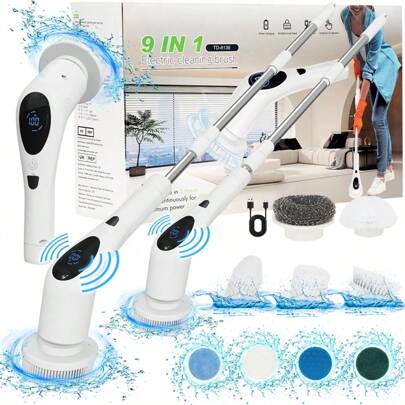 Electric Spin Scrubber, Electric Spin Cordless Tub And Tile Scrubber, LED Display Shower Cleaning Brush With Voice Announcement 3 Speeds 9 Interchangeable Cleaning Heads Bathroom Scrubber With Adjustable And Detachable Long Handle