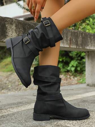 Plus Size Autumn/Winter New Retro Round Toe Chunky Heel Comfortable Mid-Calf Boots, Black (Run Small By 1 Size)