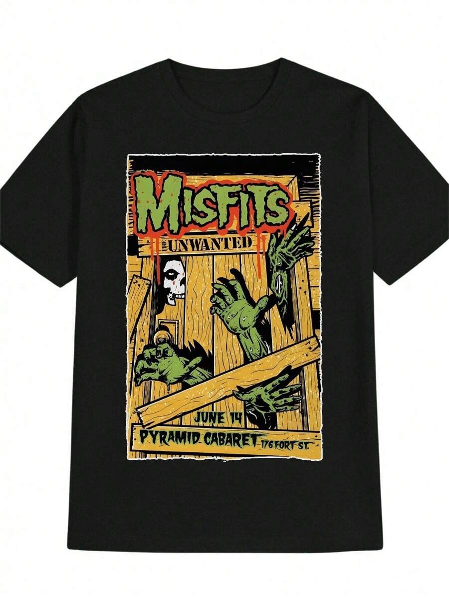 Men's Misfits Graphic T-Shirt - Black Casual Crew Neck Tee With Vintage Punk Rock Design, Skeleton Hands & Pyramid Cabaret Print, Summer Streetwear Gift For Adults - 黑色 - 查看 1