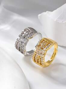 1Pc Luxury Gold Cubic Zirconia Twisted Cross Decorative Ring,Open Adjustable Women's Rings,Summer Fashion Accessories,Suitable For Daily,Wedding,Festivals,Party Wear,Elegant Jewelry Gift,Valentine's Day Gift.