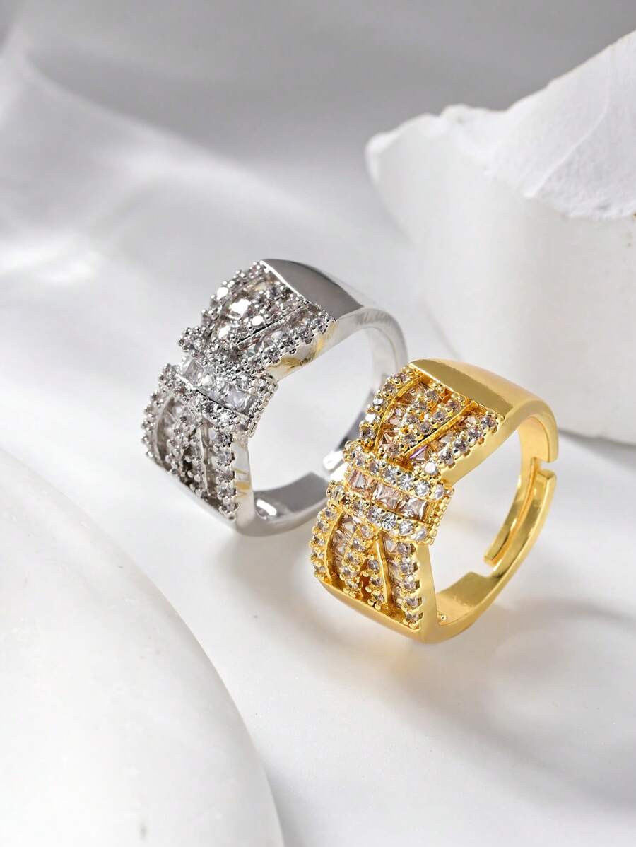 1Pc Luxury Gold Cubic Zirconia Twisted Cross Decorative Ring,Open Adjustable Women's Rings,Summer Fashion Accessories,Suitable For Daily,Wedding,Festivals,Party Wear,Elegant Jewelry Gift,Valentine's Day Gift.