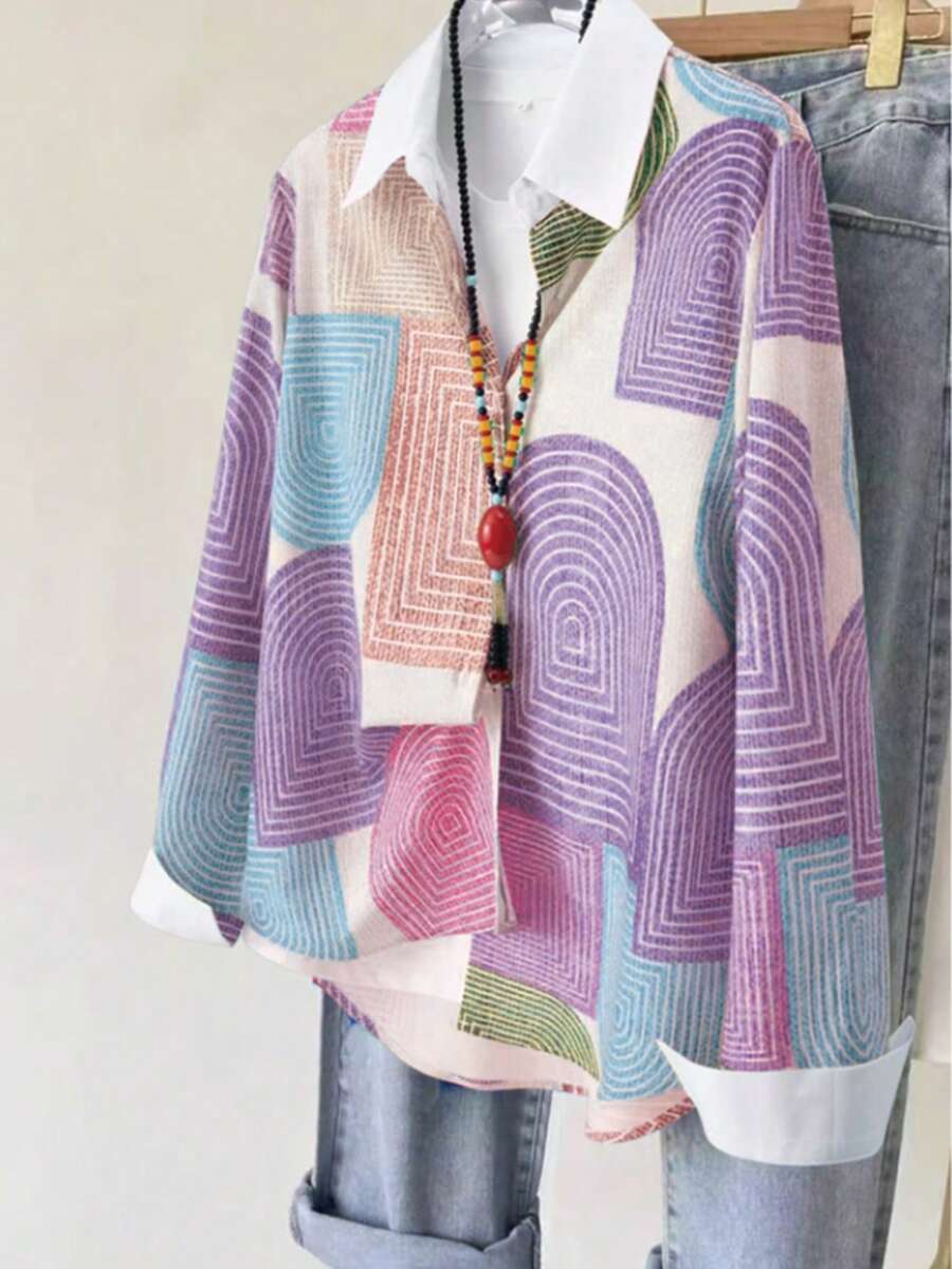 Fashion Women Digital Print Casual Versatile Long Sleeve Shirt (Random Print) Spring - Purple - View 1