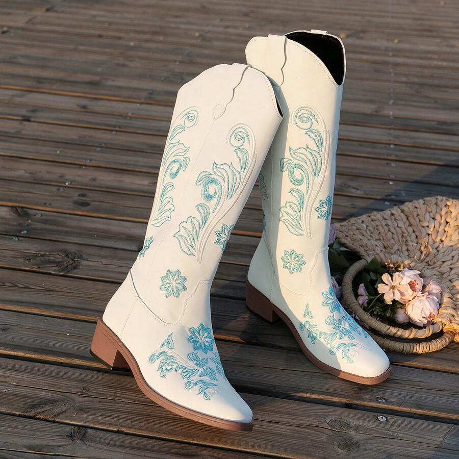 Wide & Plus Size Black Embroidered Print Thick Sole Knight Boots, Western Cowgirl Boots For Women. Pair With Sweaters, Round Toe Mid-Calf Fashionable Cowboy Boots, New Short Shaft Riding Boots For Autumn/Winter - White - View 1
