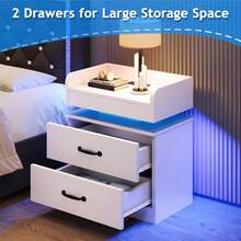 LED Nightstand With Drawers, LED Night Stand With Charging Station, Bedside Table For Bedroom, Modern Night Stand With 2 Wood Drawers End Side Table For Bedroom, Black/ White/ Grey - trắng - Xem 4