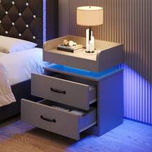 LED Nightstand With Drawers, LED Night Stand With Charging Station, Bedside Table For Bedroom, Modern Night Stand With 2 Wood Drawers End Side Table For Bedroom, Black/ White/ Grey - Xám - Xem 8