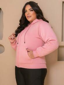 PLUS SIZE WOMEN'S BLOUSE WITH ZIPPER, POCKETS AND FUR - Coral Orange - View 7