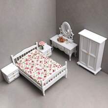 1:12 Scale Dollhouse Bedroom Furniture Set - Bed, Nightstand, Vintage Cabinet, Mini Vanity Table, Wooden Miniature Home Decor Toys, Birthday/Christmas Gift
