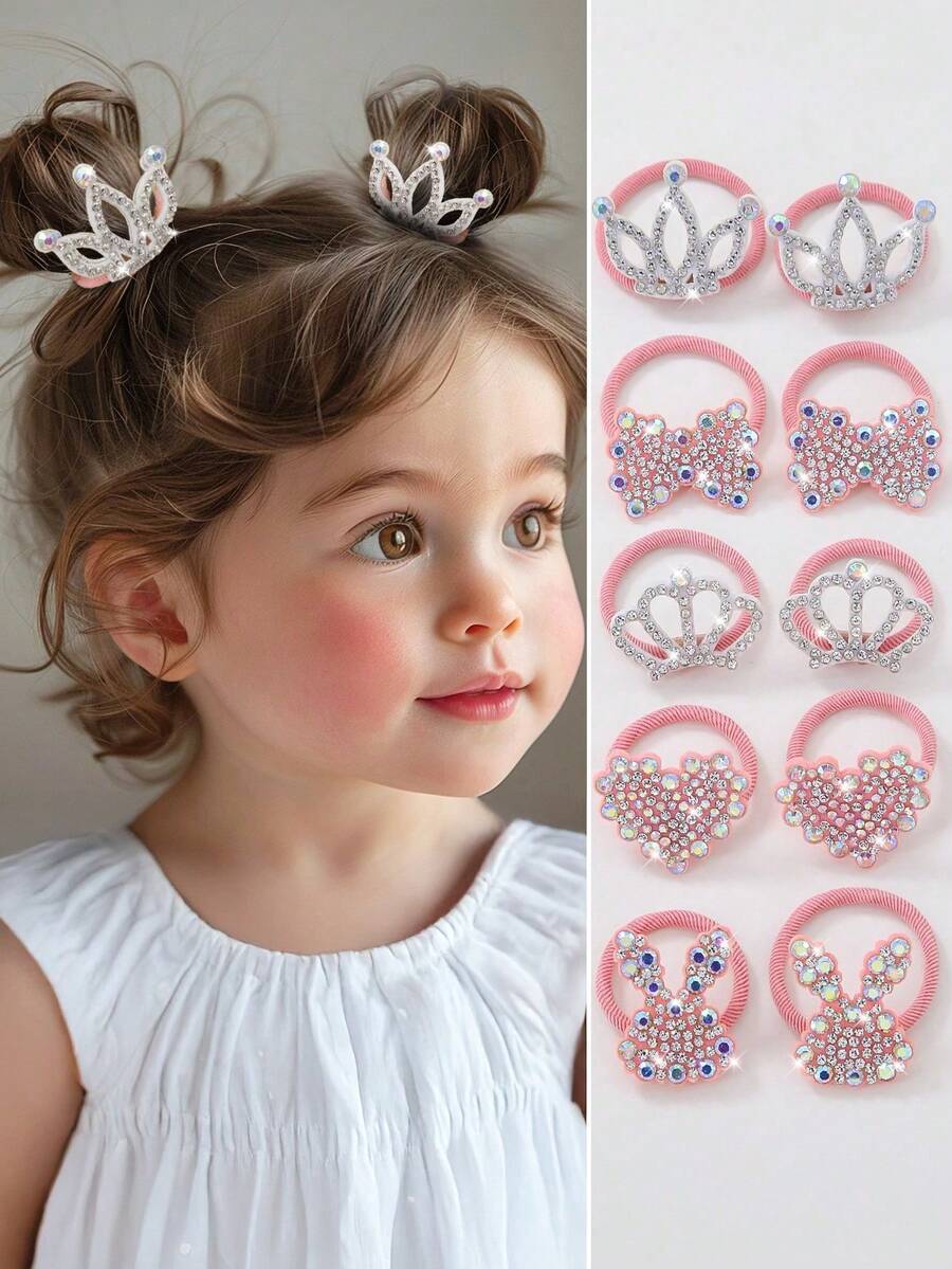 10 قطع/مجموعة إكسسوارات شعر الأطفال البنات، تاج مزين بالراين ستون، فراشة، شكل قلب، ربطات شعر مطاطية على شكل أميرة، أشرطة للشعر، زخارف للشعر للبنات الصغيرات - متعدد الألوان - مشاهدة 1