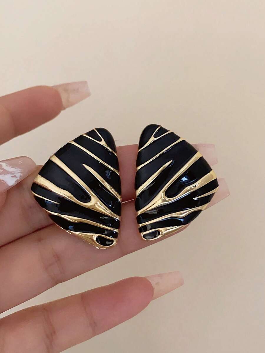 1 对黑色纹理几何三角形耳钉，适合女士佩戴，时尚个性耳环，适合晚会、派对 - 耳環 - 查看 1