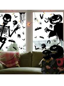 65pcs/Set Halloween Stickers With Witch, Pumpkin, Ghost, Grim Reaper Scythe Elements, Zombie Party Haunted House Decor Window Stickers, Black Decorative Stickers For Wall, Desk, Door, Fireplace, Halloween Decoration