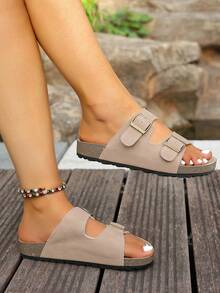 Damen Sommer Mode neue vielseitige flache Sandale mit doppeltem Riemen und rundem Zehenbereich für Lässig-Looks, erhältlich in Khaki, Gelb, Beige, Pink, Grün, Braun, Leopardenmuster und mit Schleifen-Dekor, bequem für Party, Einkaufen, Strand, Reisen, Pendeln, Mehrzweck-Einsatz - Khaki - Übersicht 6
