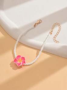 1 件百搭波西米亚风格海滩度假玻璃珠和聚合物粘土鸡蛋花脚链，适合女士（聚合物粘土花朵上的小孔是正常且不可避免的） - 粉色 - 查看 3