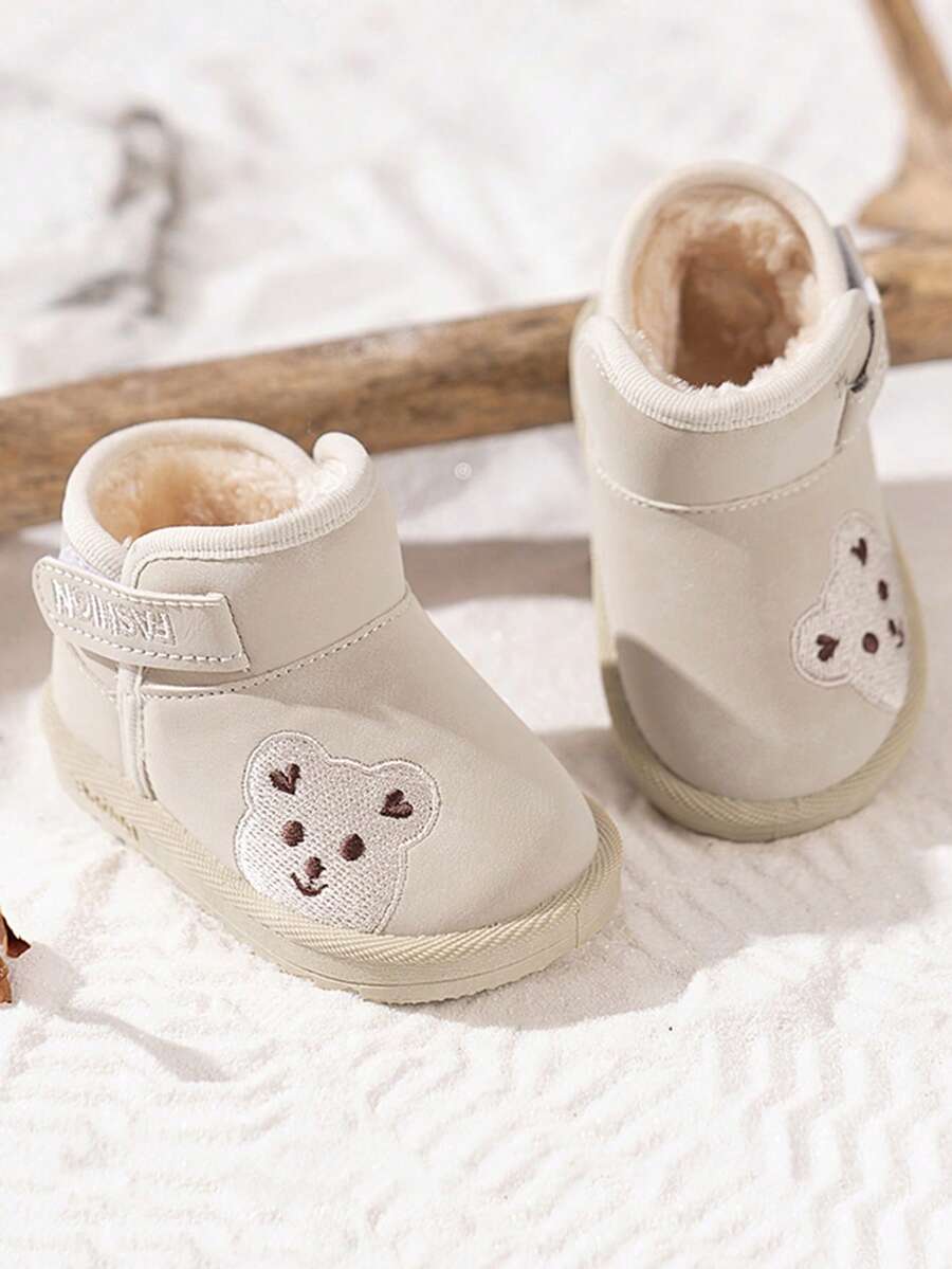 1 双卡通雪地靴，男女通用，婴儿保暖厚冬靴，钩环婴儿学步鞋 - 米色 - 查看 1