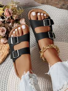 Women's Comfortable Adjustable Strap Slip-On Sandals With Soft Cork Insole,Spring Summer Outfits - Black - View 4