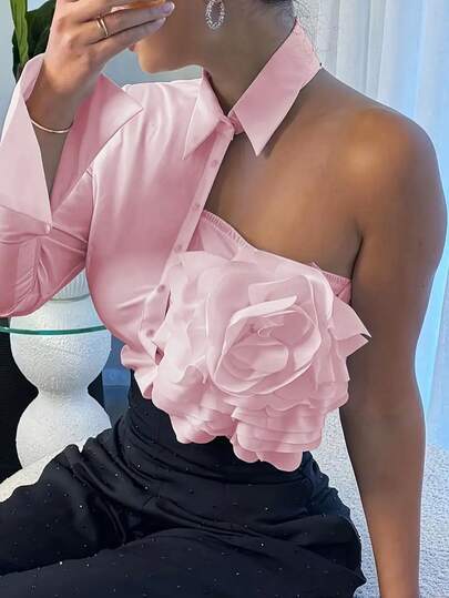 Blusa de diseño de moda elegante para mujer con decoración de flor 3D en color rosa