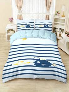 4 件套卡通鲨鱼吃虾印花床上用品套装，包括 1 件羽绒被套 + 2 件枕套 + 1 件床单，适用于宿舍/儿童房的单人床，男孩/女孩