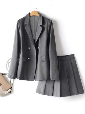Women's High-Quality TR Twill Fabric Collegiate Style Double-Breasted Long Sleeve Blazer And Pleated Mini Skirt Set