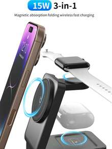 3-In-1 Fast Charging Station, 15W Multi-Function Wireless Charging Stand Compatible With Apple Devices, With Night Light Function - Black - View 5