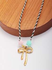 1pc Women's Handmade Colorful Rope DIY Stainless Steel Pendant Necklace, Vacation Vibe & Casual Wear