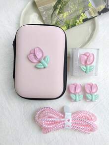 6 piezas Funda protectora para cargador de teléfono con patrón de tulipanes rosa/lila claro, bolsa organizadora de cable de datos - tulipán - Ver 1