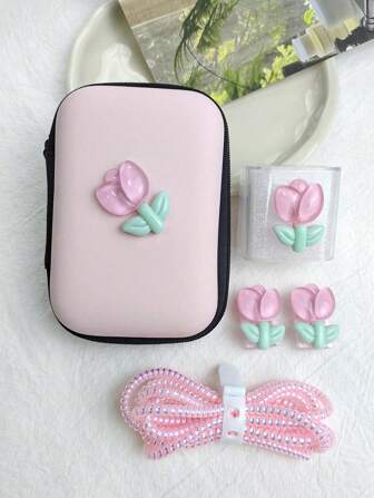 6 piezas Funda protectora para cargador de teléfono con patrón de tulipanes rosa/lila claro, bolsa organizadora de cable de datos