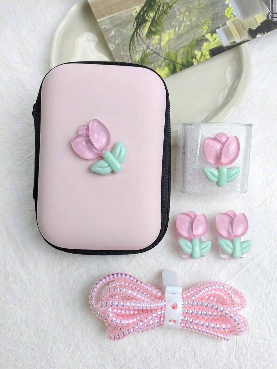 6 piezas Funda protectora para cargador de teléfono con patrón de tulipanes rosa/lila claro, bolsa organizadora de cable de datos - tulipán - Ver 1