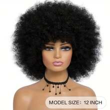 180% Density African Curly Wig - Short Bob Cut With Bangs, 1B# Natural Black Color For Everyday Wear, Protective Hairstyle, Voluminous Curls, Cap, For Busy Professionals, Quick Hairstyle Change